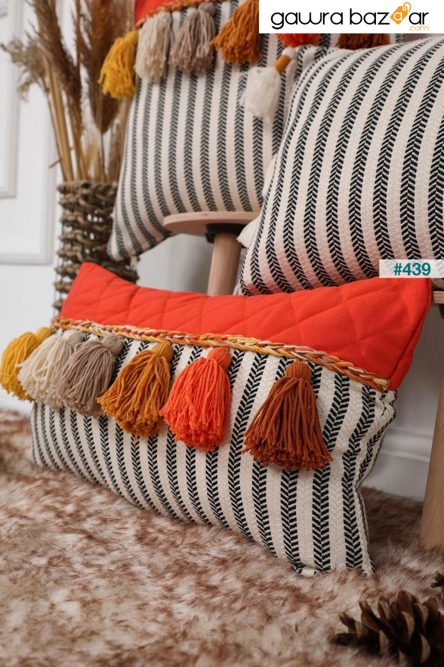 غطاء وسادة مستطيل الشكل مزين بشراشيب ، برتقالي - نمط فراولة ، k-210 متغير Ayşe Tasarım 0