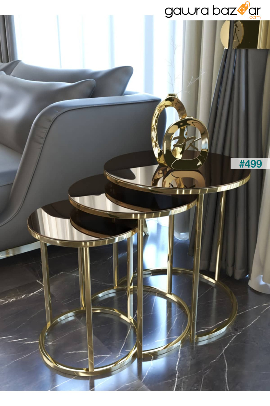 طاولة متداخلة من سيلين 3 مع ساق ذهبية ومرآة برونزية Puklife 0