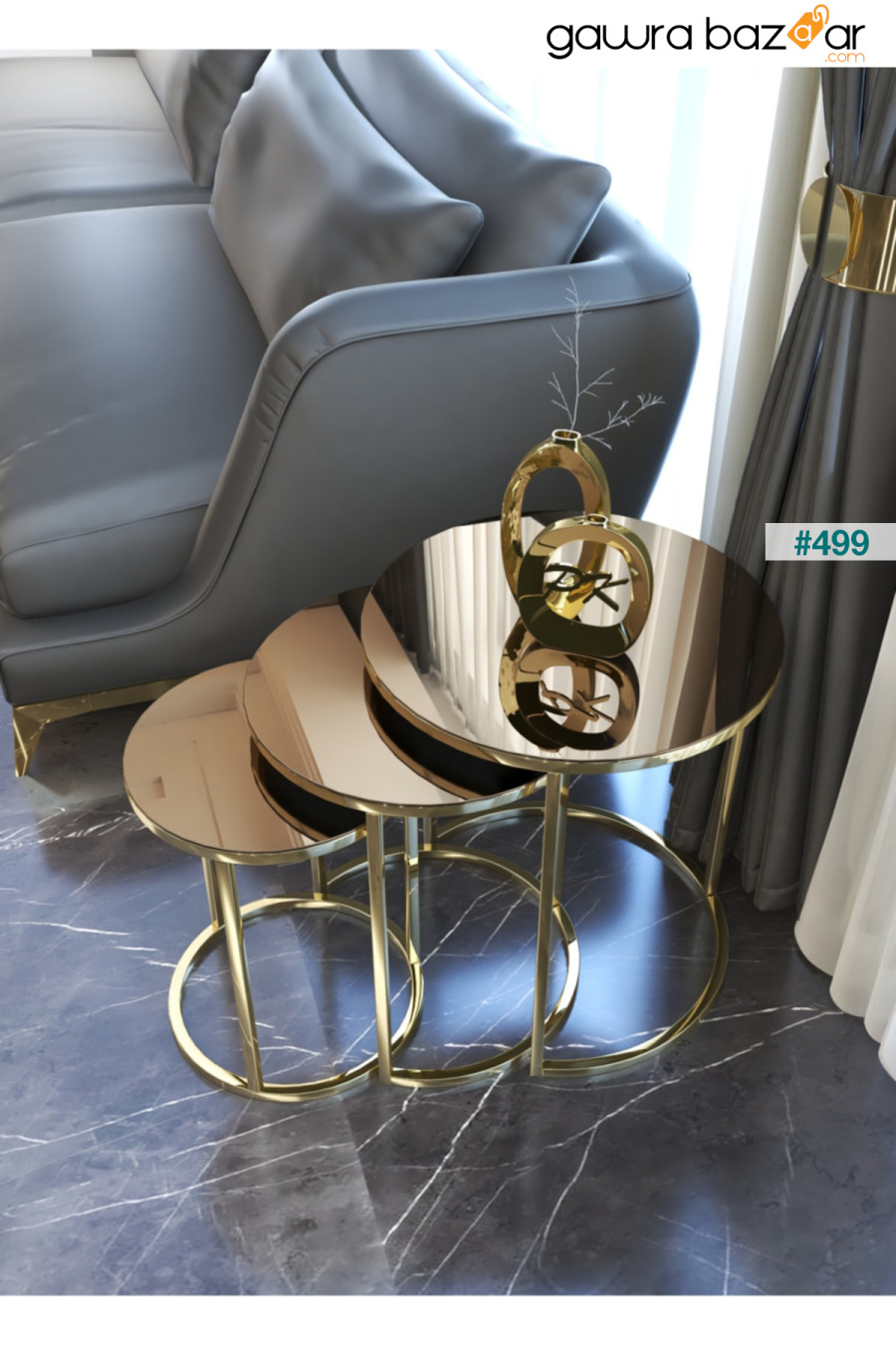 طاولة متداخلة من سيلين 3 مع ساق ذهبية ومرآة برونزية Puklife 1