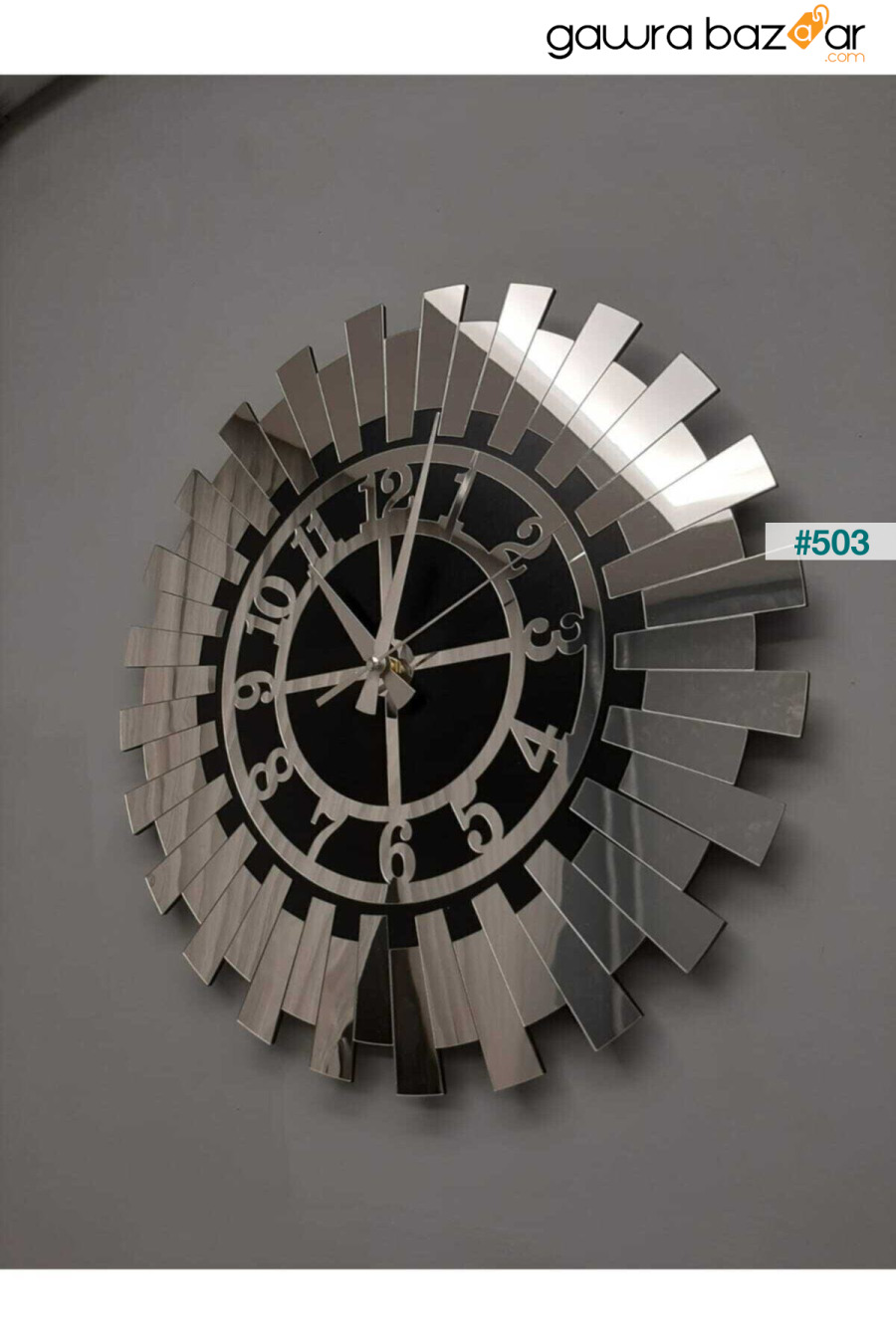 ساعة حائط حديثة فضية من الشمس مزخرفة بأرقام تركية Mdf معكوسة زجاجية 40x40 سم Tuba Decor 1
