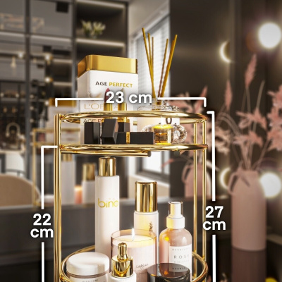 منظم مجوهرات مستحضرات التجميل للحمام متعدد الأغراض منظم متعدد الأغراض من طبقتين لتقديم الطعام باللون الذهبي