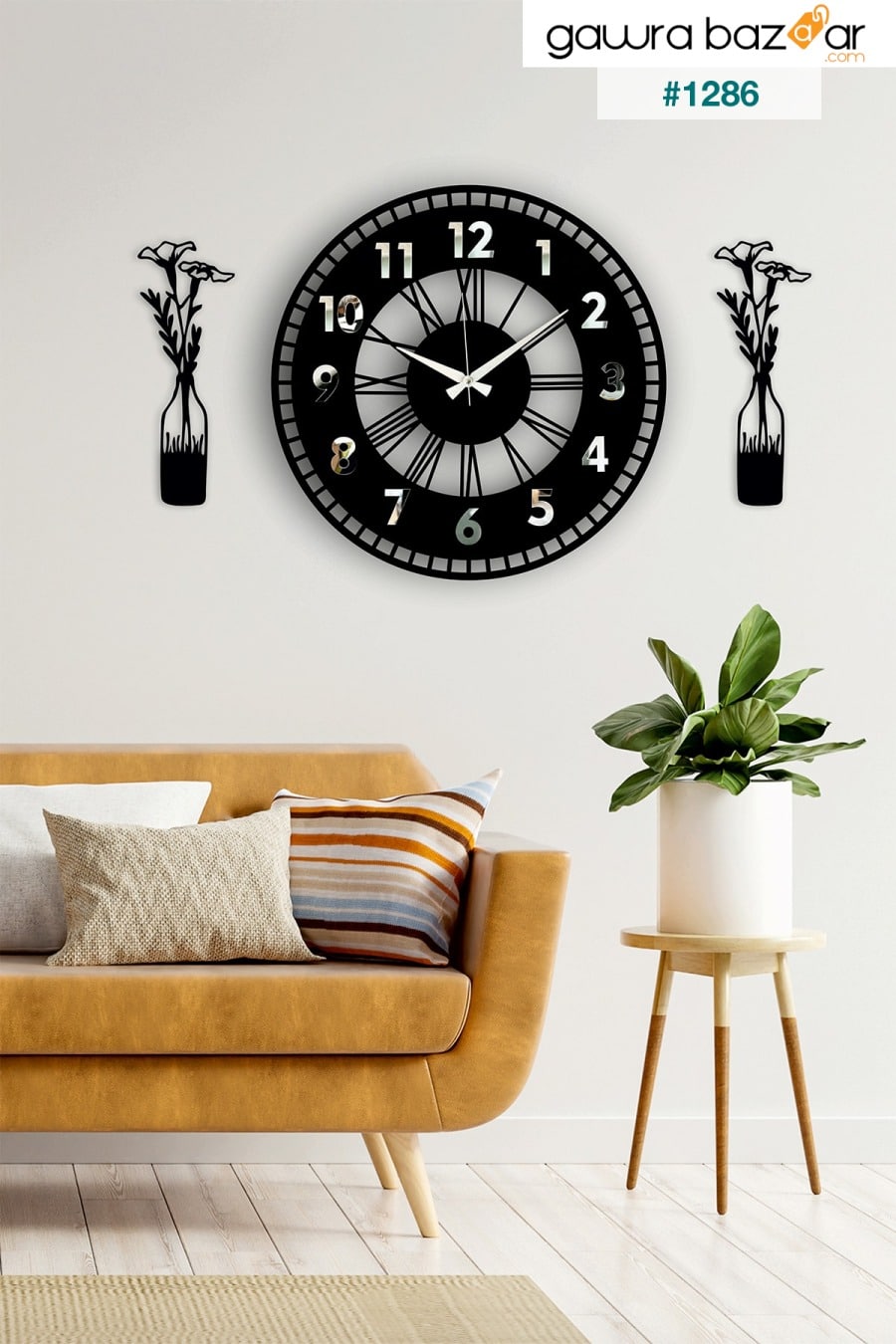 ساعة حائط مزخرفة بمرآة + لوحة مزهرية فضية Pey Aksesuar 0