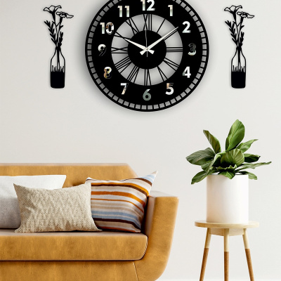 ساعة حائط مزخرفة بمرآة + لوحة مزهرية فضية