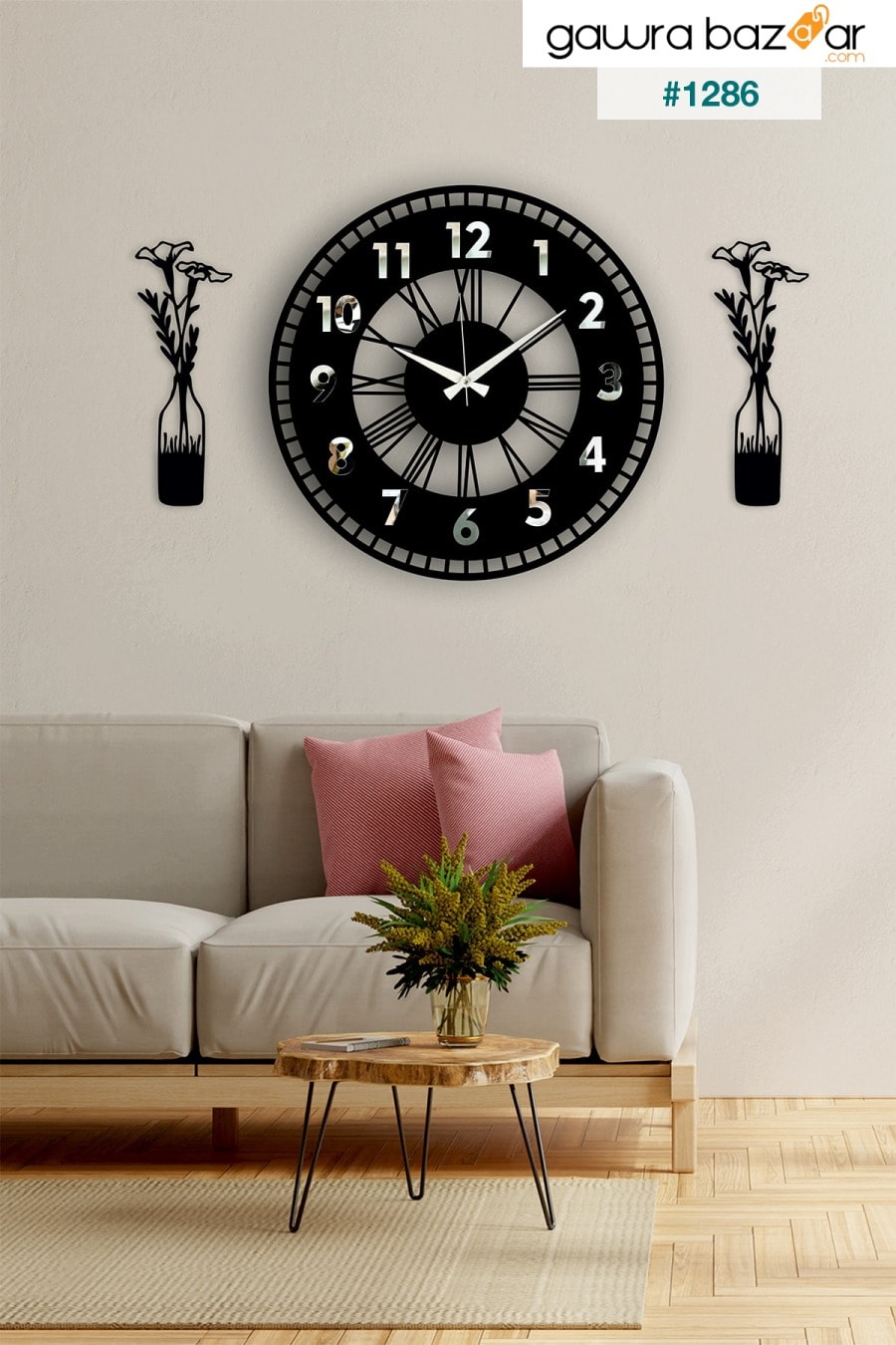 ساعة حائط مزخرفة بمرآة + لوحة مزهرية فضية Pey Aksesuar 1