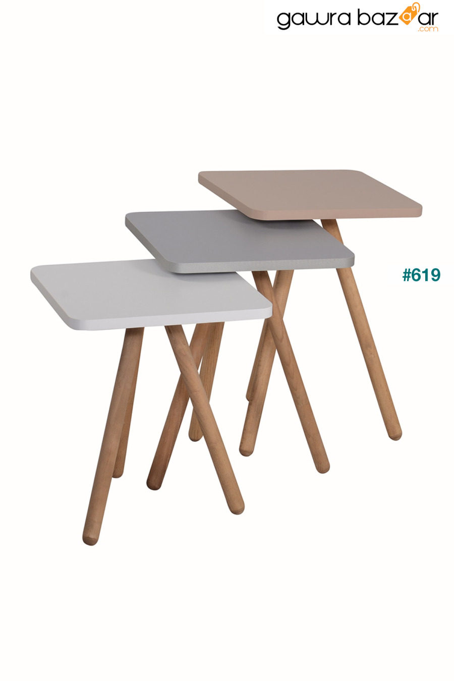 طاولة متداخلة ثلاثية ملونة بأرجل خشبية مربعة بتصميم باستيل رمادي كريمي كابتشينو interGO 2