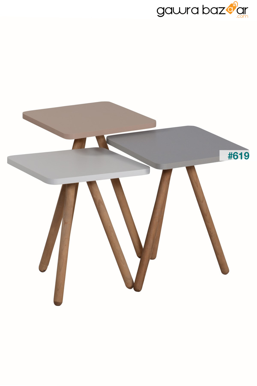 طاولة متداخلة ثلاثية ملونة بأرجل خشبية مربعة بتصميم باستيل رمادي كريمي كابتشينو interGO 1