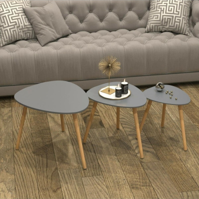 طاولة قهوة رول فلورا مع أرجل خشبية متداخلة ثلاثية (أنثراسايت)