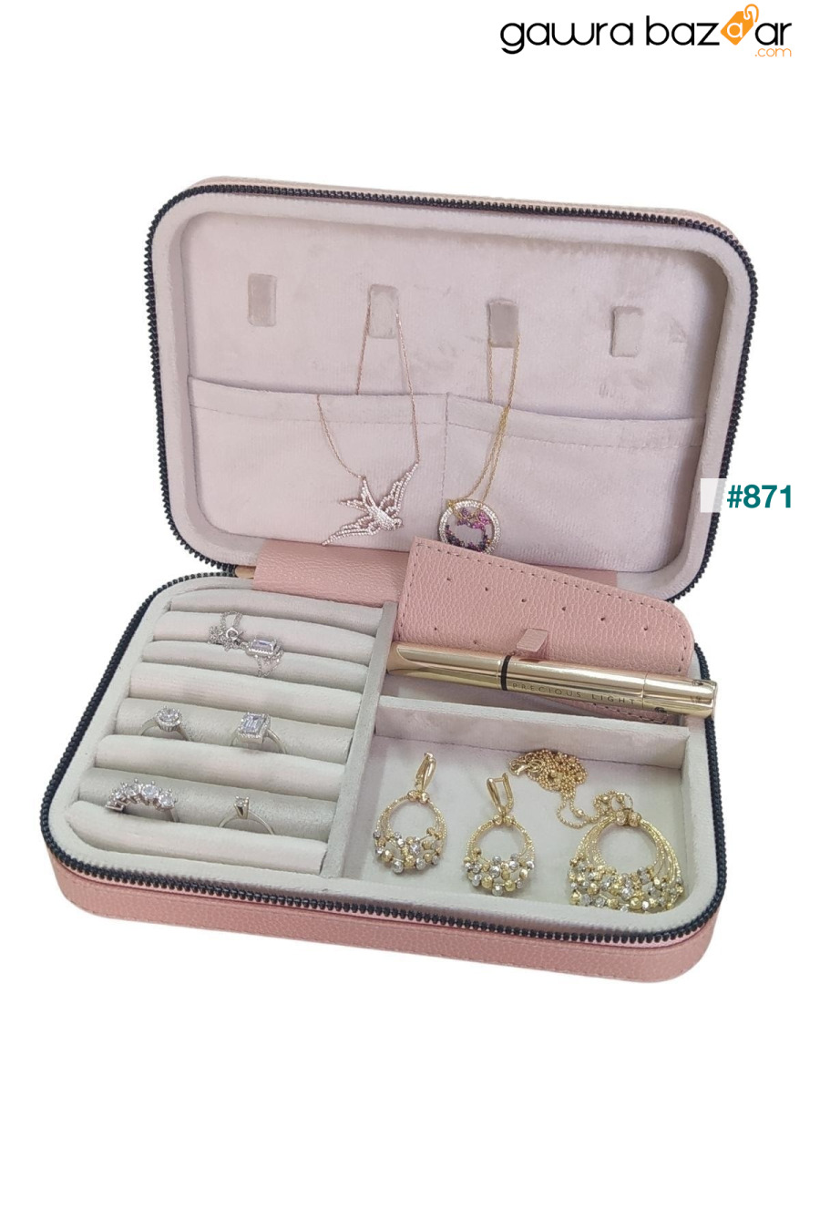 جلد بسحاب (علبة خشبية) مجوهرات كبيرة الحجم ، حقيبة سفر ومجوهرات ، علبة بودرة (14 × 21 سم) ÖZER KUTU 2