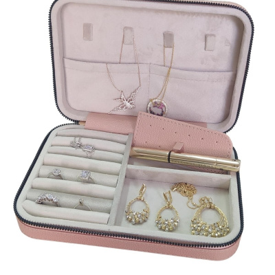 جلد بسحاب (علبة خشبية) مجوهرات كبيرة الحجم ، حقيبة سفر ومجوهرات ، علبة بودرة (14 × 21 سم)
