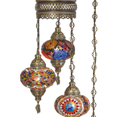 مصباح الفسيفساء العثماني الأصلي الزجاج الملون اليدوية بوهو قلادة مصباح الثريا ، 3 زجاج كبير ، 95 سم