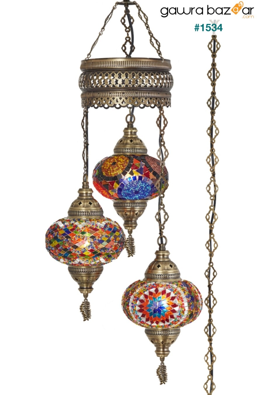 مصباح الفسيفساء العثماني الأصلي الزجاج الملون اليدوية بوهو قلادة مصباح الثريا ، 3 زجاج كبير ، 95 سم Demmex 1