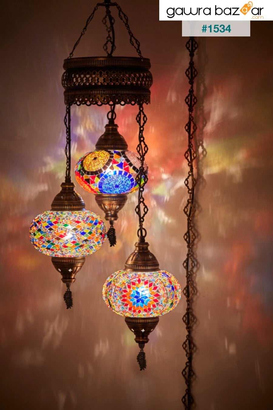 مصباح الفسيفساء العثماني الأصلي الزجاج الملون اليدوية بوهو قلادة مصباح الثريا ، 3 زجاج كبير ، 95 سم Demmex 0