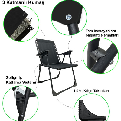 2 قطعة كرسي التخييم كرسي رحلات قابل للطي مع حامل أكواب مستطيل أسود