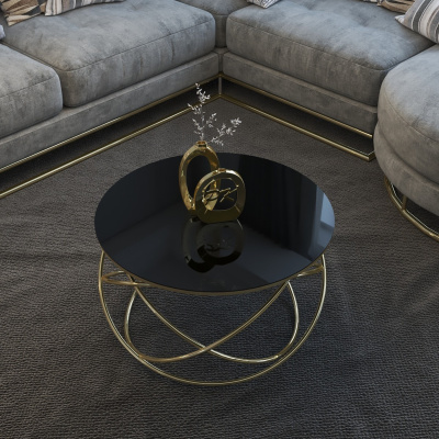 طاولة وسط الكوكب ، أرجل ذهبية ، مرآة سوداء