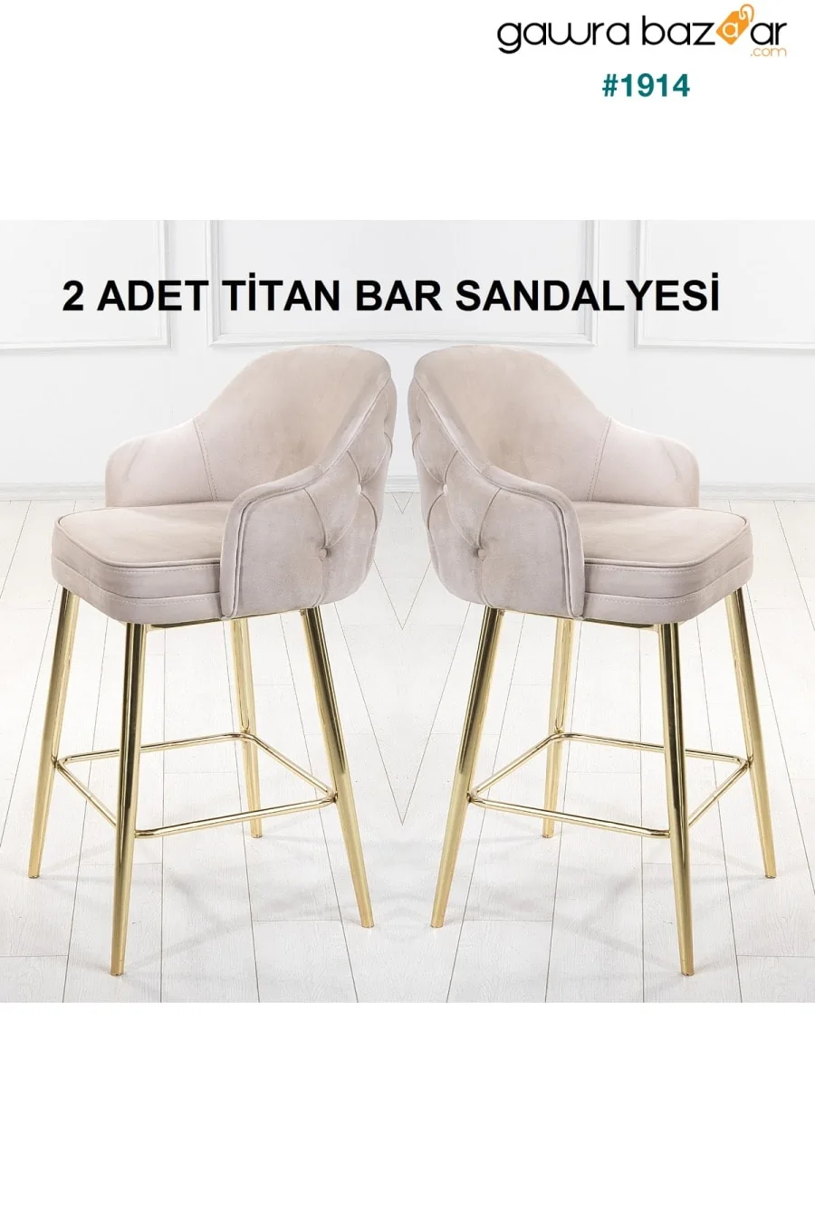 2 قطعة كرسي مطبخ وبار من تيتان أدا - كرسي مرتفع - قماش قابل للإزالة للوجه - أرجل ذهبية Pİ MOBİLYA 0