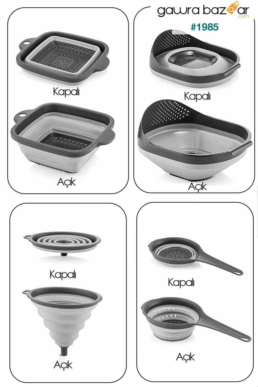 مجموعة من 4 مصافي أكورديون قابلة للطي - مجموعة أدوات المطبخ (مصفاة نحاسية مع قمع مقبض أكورديون رمادي) Kitchen Life 1