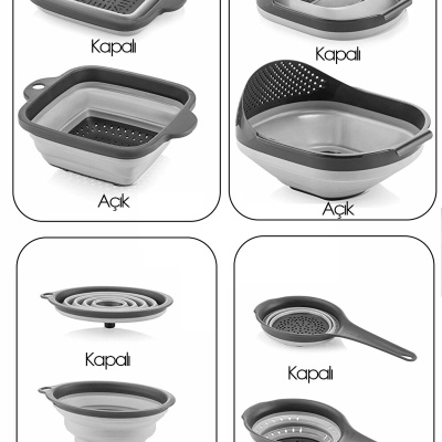 مجموعة من 4 مصافي أكورديون قابلة للطي - مجموعة أدوات المطبخ (مصفاة نحاسية مع قمع مقبض أكورديون رمادي)