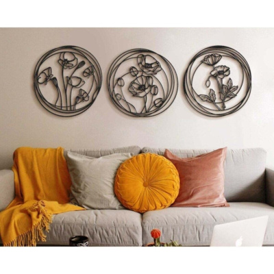 ثلاث قطع خشبية ديكور الخشخاش اللوحة الأزهار زخرفة الحائط هدية المنزل وليس المعادن.