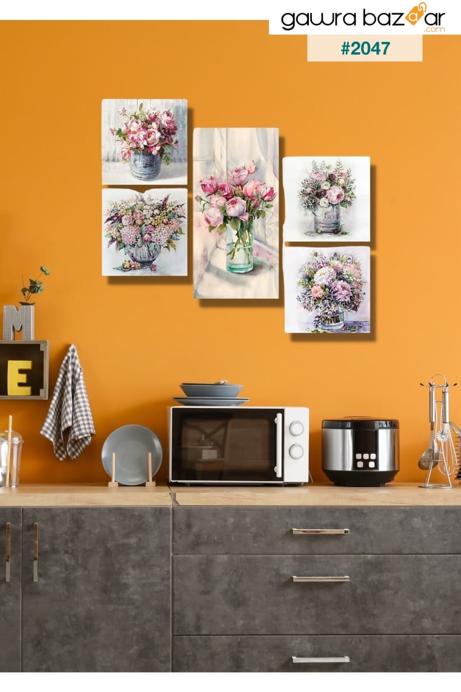 5 قطع زهور في مزهرية خشبية لتزيين الحائط - مجموعة لوحات لغرفة المعيشة وغرفة النوم والمطبخ NT Handmade 2