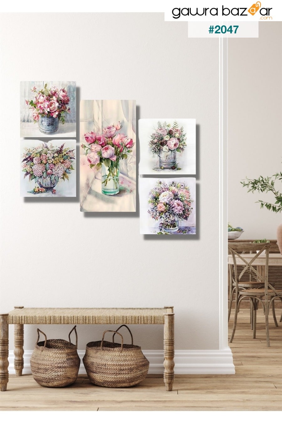 5 قطع زهور في مزهرية خشبية لتزيين الحائط - مجموعة لوحات لغرفة المعيشة وغرفة النوم والمطبخ NT Handmade 0