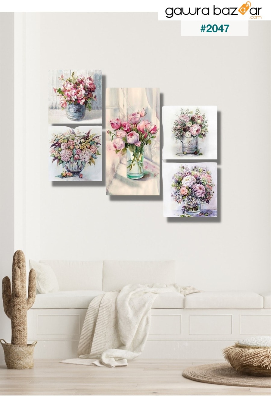 5 قطع زهور في مزهرية خشبية لتزيين الحائط - مجموعة لوحات لغرفة المعيشة وغرفة النوم والمطبخ NT Handmade 1