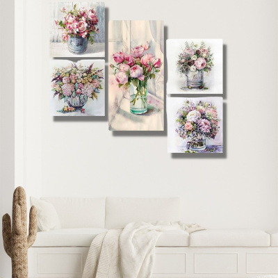 5 قطع زهور في مزهرية خشبية لتزيين الحائط - مجموعة لوحات لغرفة المعيشة وغرفة النوم والمطبخ