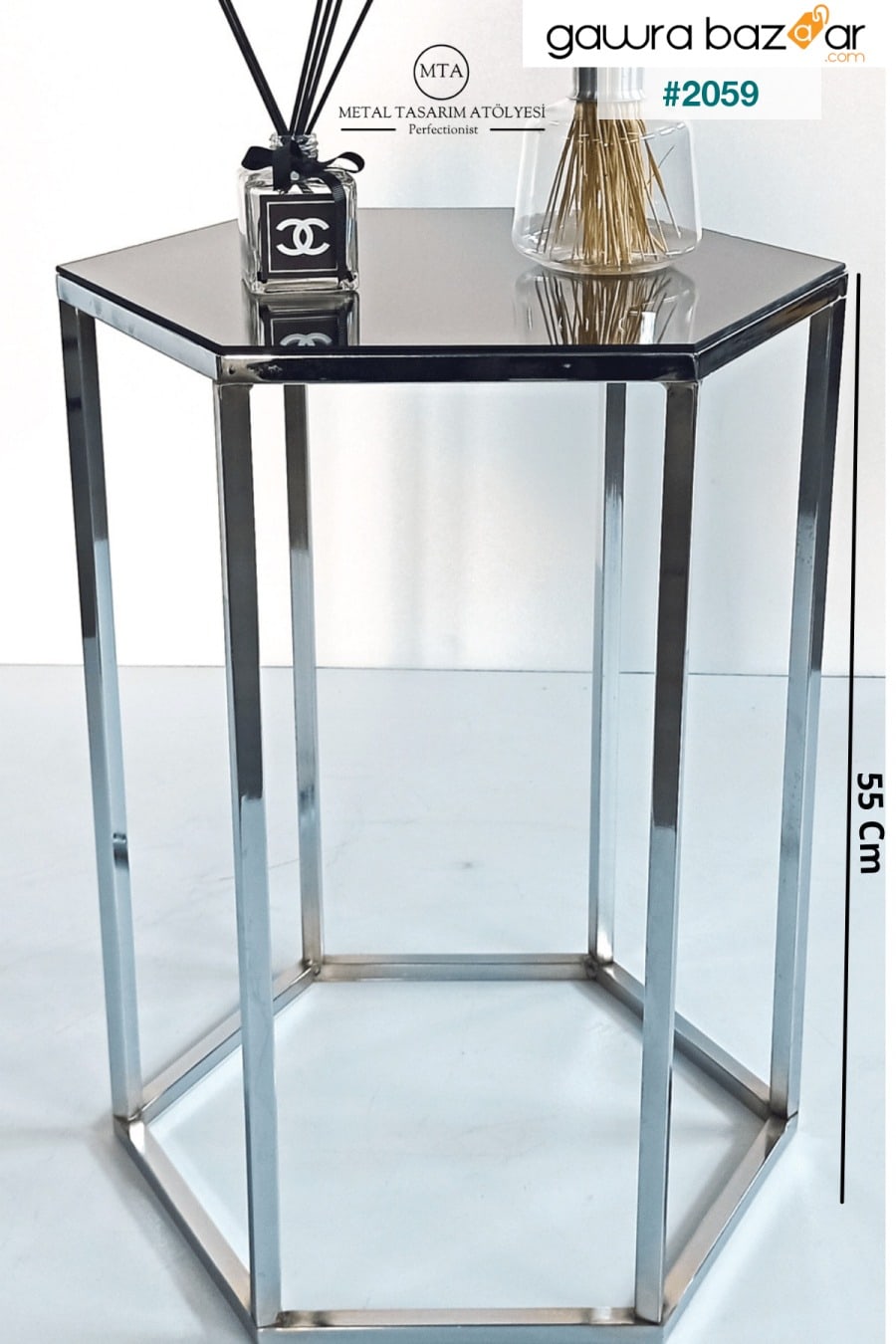 زاوية معدنية أرجل زجاجية ديكور طاولة جانبية وحامل كمبيوتر محمول وطاولة مكتب - فضي - دخاني METAL TASARIM ATÖLYESİ 2