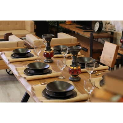 طقم طاولة طعام من الخشب الصلب Ntconcept- طاولة 100 سم -210 سم + مقعد 210 سم + 6 كراسي مرتفعة