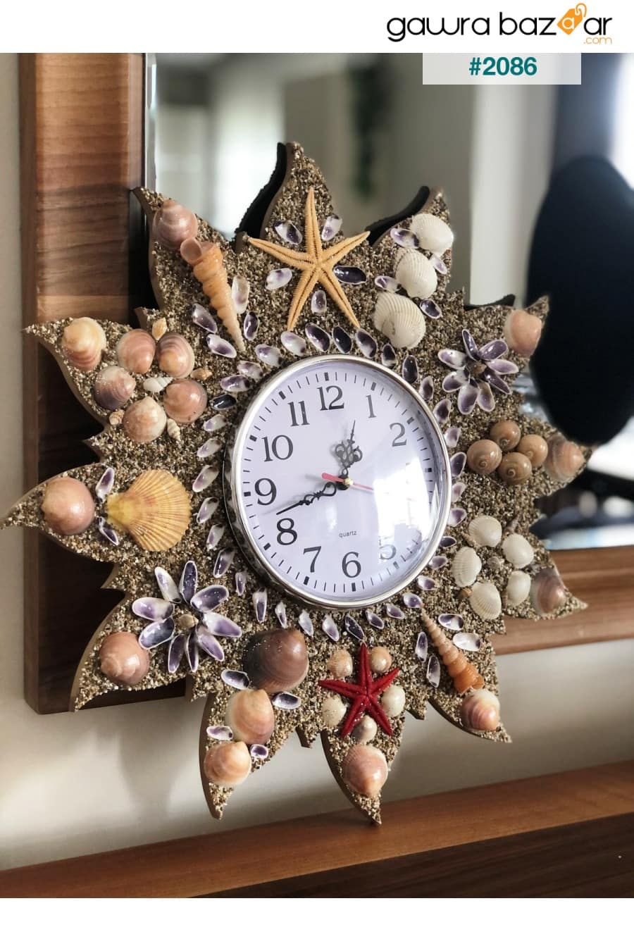 ساعة حائط خشبية ، زخرفة أصداف البحر اليدوية ساعة كوارتز ماركة آلية الساعة الصامتة Deniz Yıldızı Sanat 1