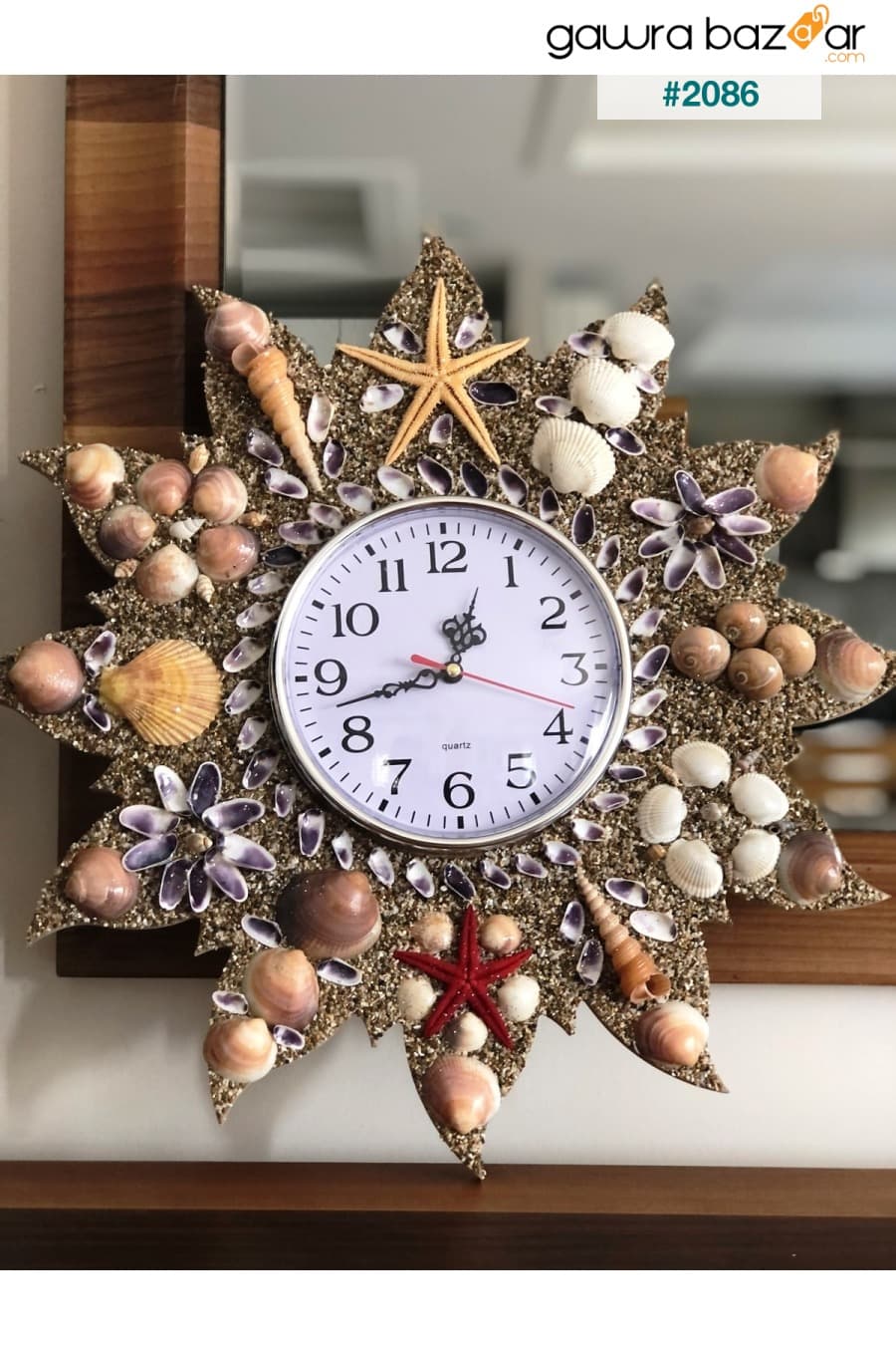 ساعة حائط خشبية ، زخرفة أصداف البحر اليدوية ساعة كوارتز ماركة آلية الساعة الصامتة Deniz Yıldızı Sanat 6