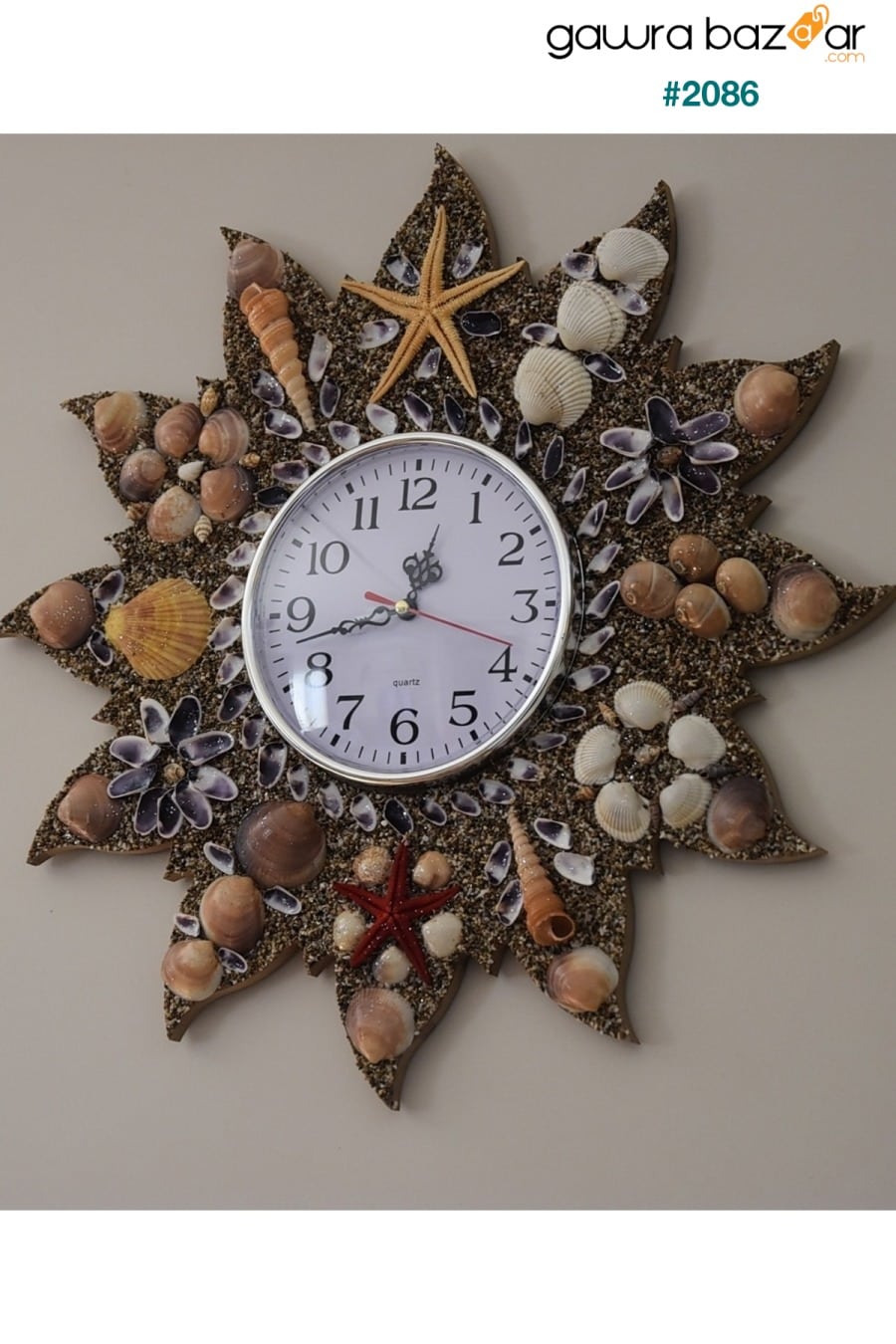 ساعة حائط خشبية ، زخرفة أصداف البحر اليدوية ساعة كوارتز ماركة آلية الساعة الصامتة Deniz Yıldızı Sanat 4