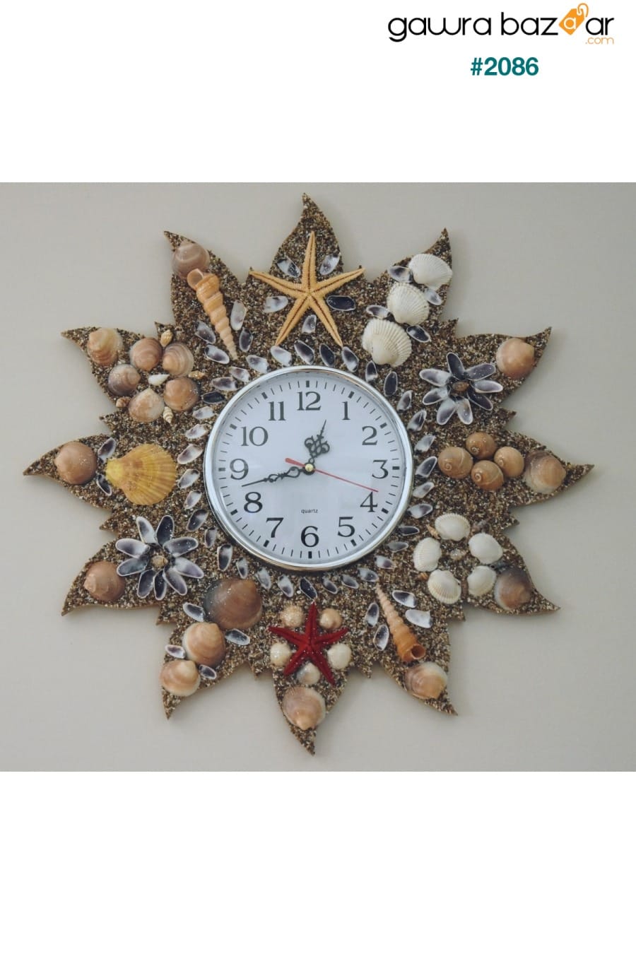 ساعة حائط خشبية ، زخرفة أصداف البحر اليدوية ساعة كوارتز ماركة آلية الساعة الصامتة Deniz Yıldızı Sanat 3
