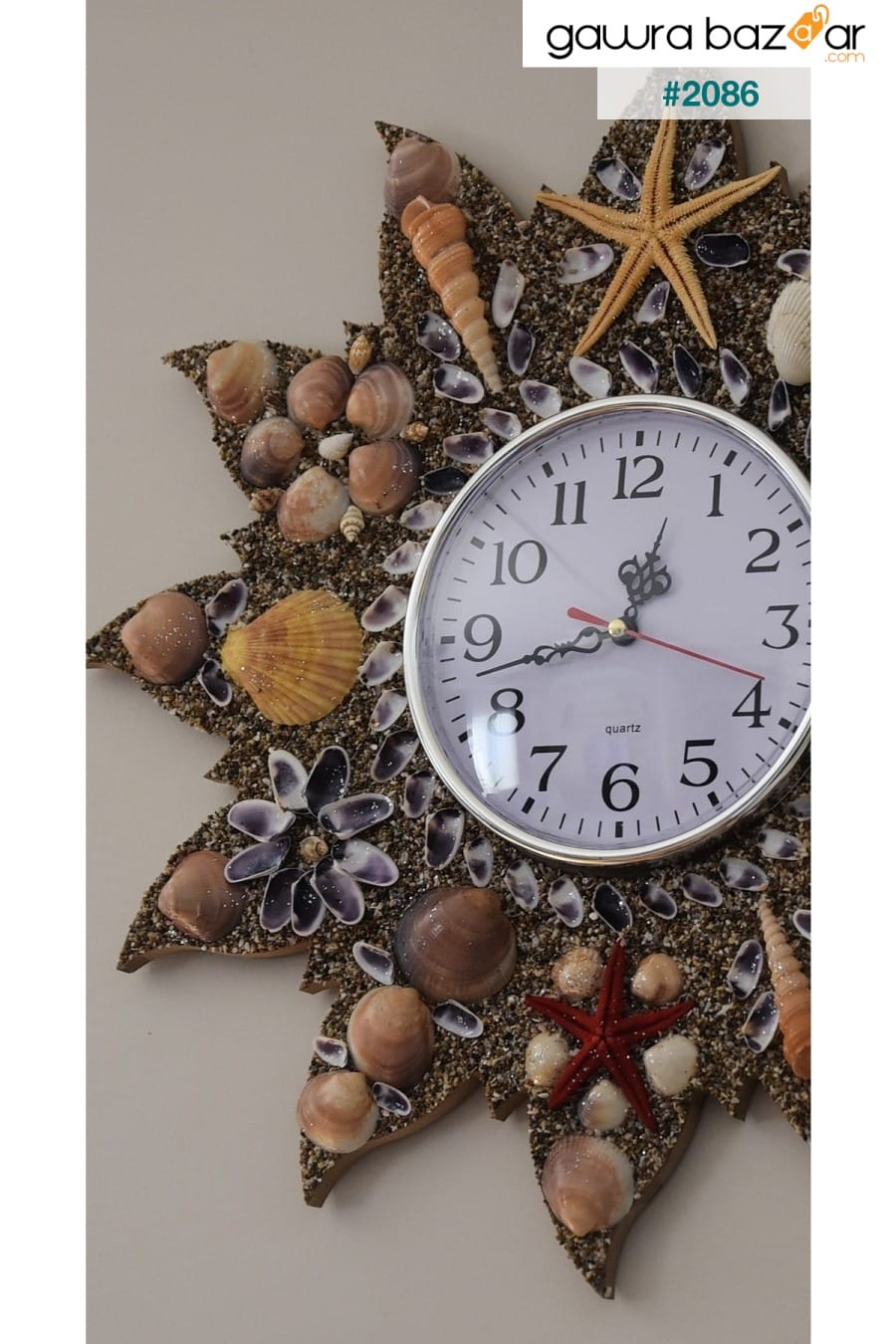 ساعة حائط خشبية ، زخرفة أصداف البحر اليدوية ساعة كوارتز ماركة آلية الساعة الصامتة Deniz Yıldızı Sanat 2