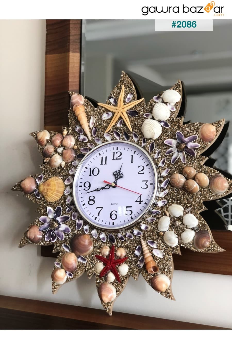 ساعة حائط خشبية ، زخرفة أصداف البحر اليدوية ساعة كوارتز ماركة آلية الساعة الصامتة Deniz Yıldızı Sanat 0