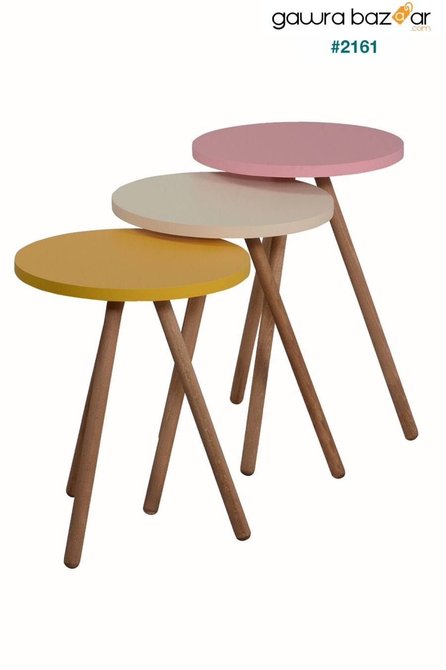 طاولة تعشيش ثلاثية ملونة بأرجل خشبية دائرية بتصميم الباستيل أصفر كريمي وردي interGO 2