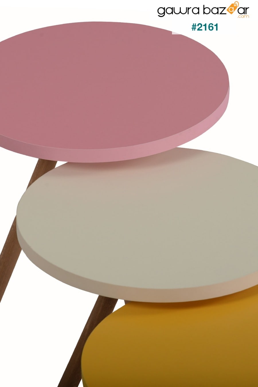 طاولة تعشيش ثلاثية ملونة بأرجل خشبية دائرية بتصميم الباستيل أصفر كريمي وردي interGO 3