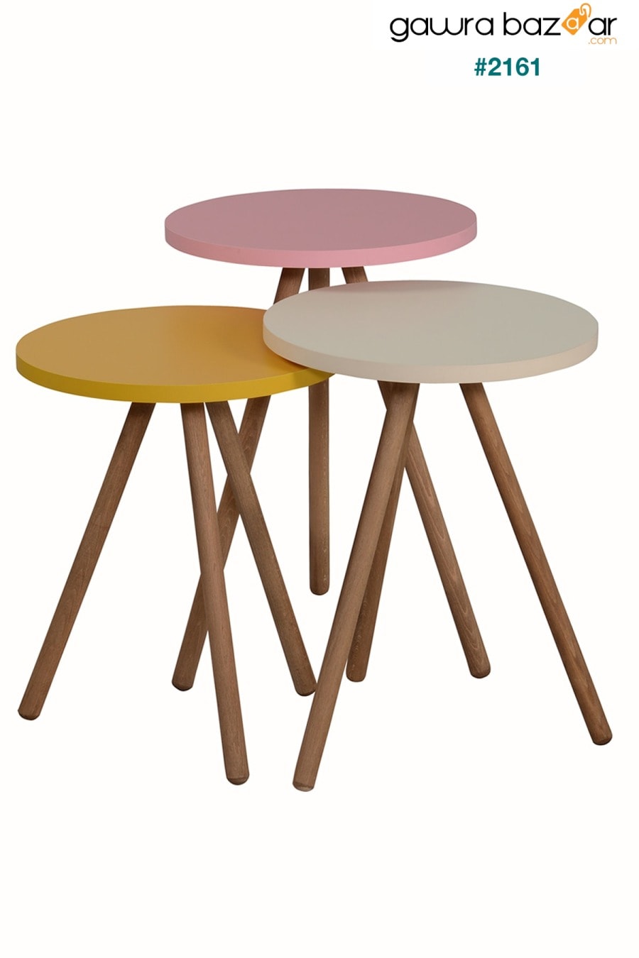 طاولة تعشيش ثلاثية ملونة بأرجل خشبية دائرية بتصميم الباستيل أصفر كريمي وردي interGO 1