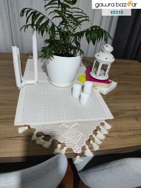غطاء رانير لطاولة القهوة مزين بشراشيب من الدانتيل اليدوي ، غطاء طاولة القهوة مونيكا من الكتان ، غطاء علوي لطاولة القهوة Şömen 45x100