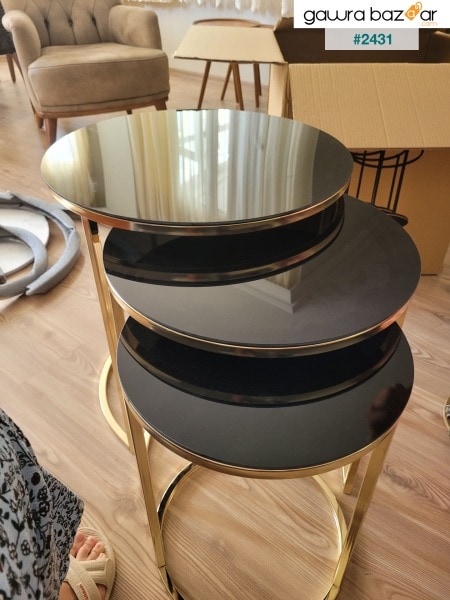 Ceylin 3 التعشيش طاولة متداخلة ذهبية اللون أرجل معدنية ، زجاج أسود غير قابل للكسر