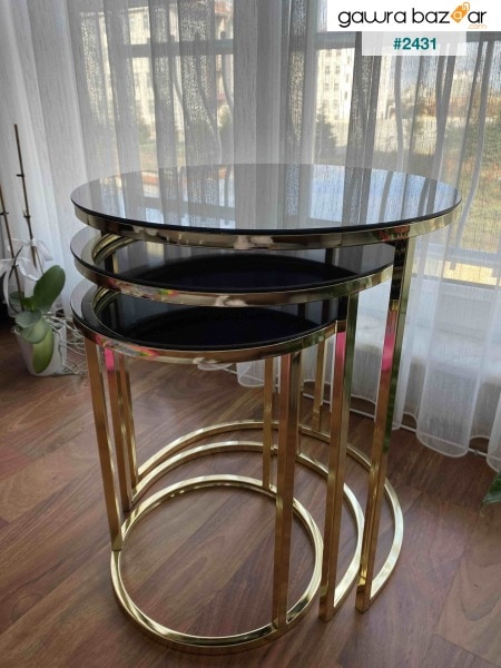 Ceylin 3 التعشيش طاولة متداخلة ذهبية اللون أرجل معدنية ، زجاج أسود غير قابل للكسر