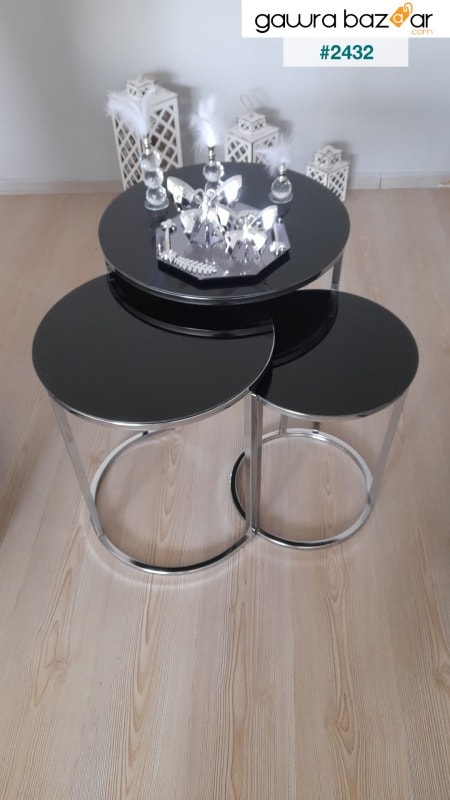 طقم طاولة متداخلة وطاولة مركزية من سيلين 4 أرجل فضية زجاج أسود