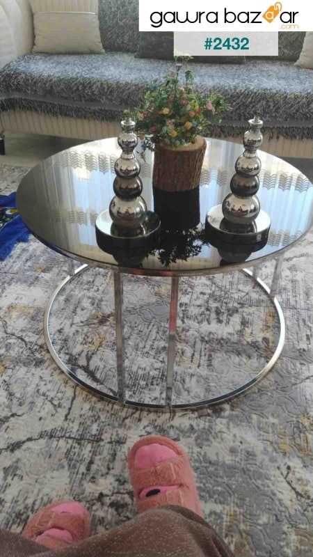 طقم طاولة متداخلة وطاولة مركزية من سيلين 4 أرجل فضية زجاج أسود
