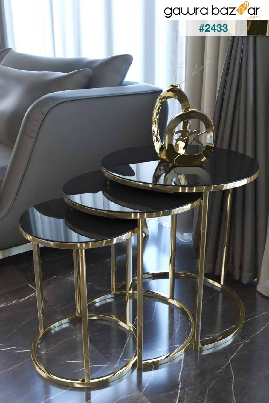 طقم طاولة متداخلة وطاولة مركزية من سيلين 4 ، أرجل ذهبية ، زجاج أسود Puklife 1
