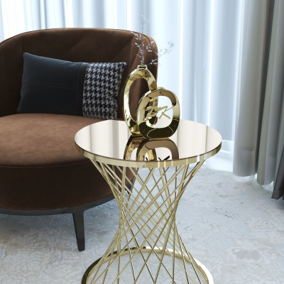 طاولة جانبية من الخوص الفردي ، مرآة برونزية ذات أرجل ذهبية
