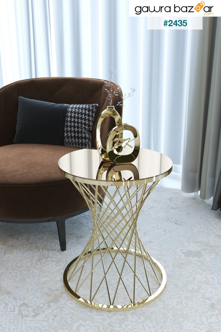 طاولة جانبية من الخوص الفردي ، مرآة برونزية ذات أرجل ذهبية Puklife 0