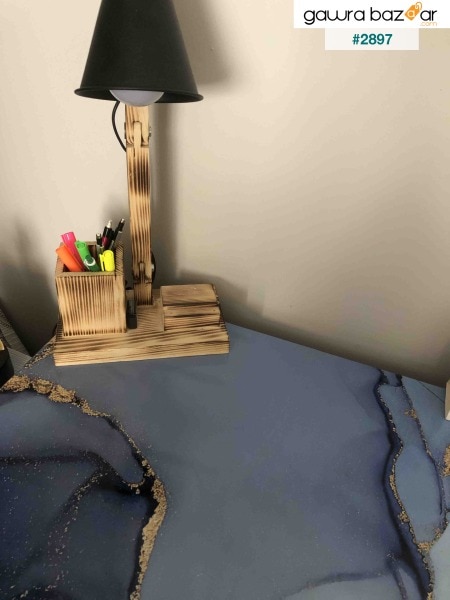 مصباح طاولة خشبي مع حامل قلم من لوكس - بلوطي