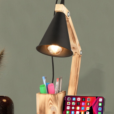 مصباح طاولة خشبي مع حامل قلم من لوكس - بلوطي