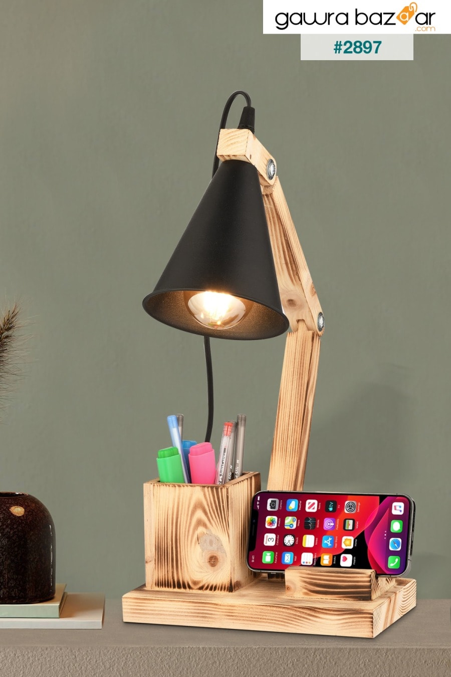 مصباح طاولة خشبي مع حامل قلم من لوكس - بلوطي Nisaluce 0
