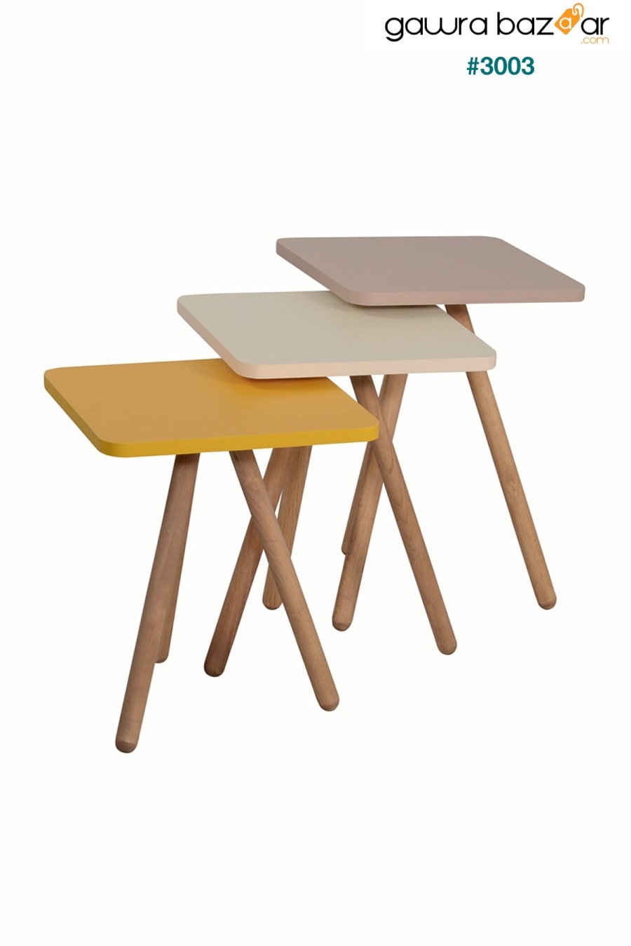 طاولة تعشيش ثلاثية ملونة بأرجل خشبية مربعة بتصميم باستيل أصفر كريم كابتشينو interGO 2