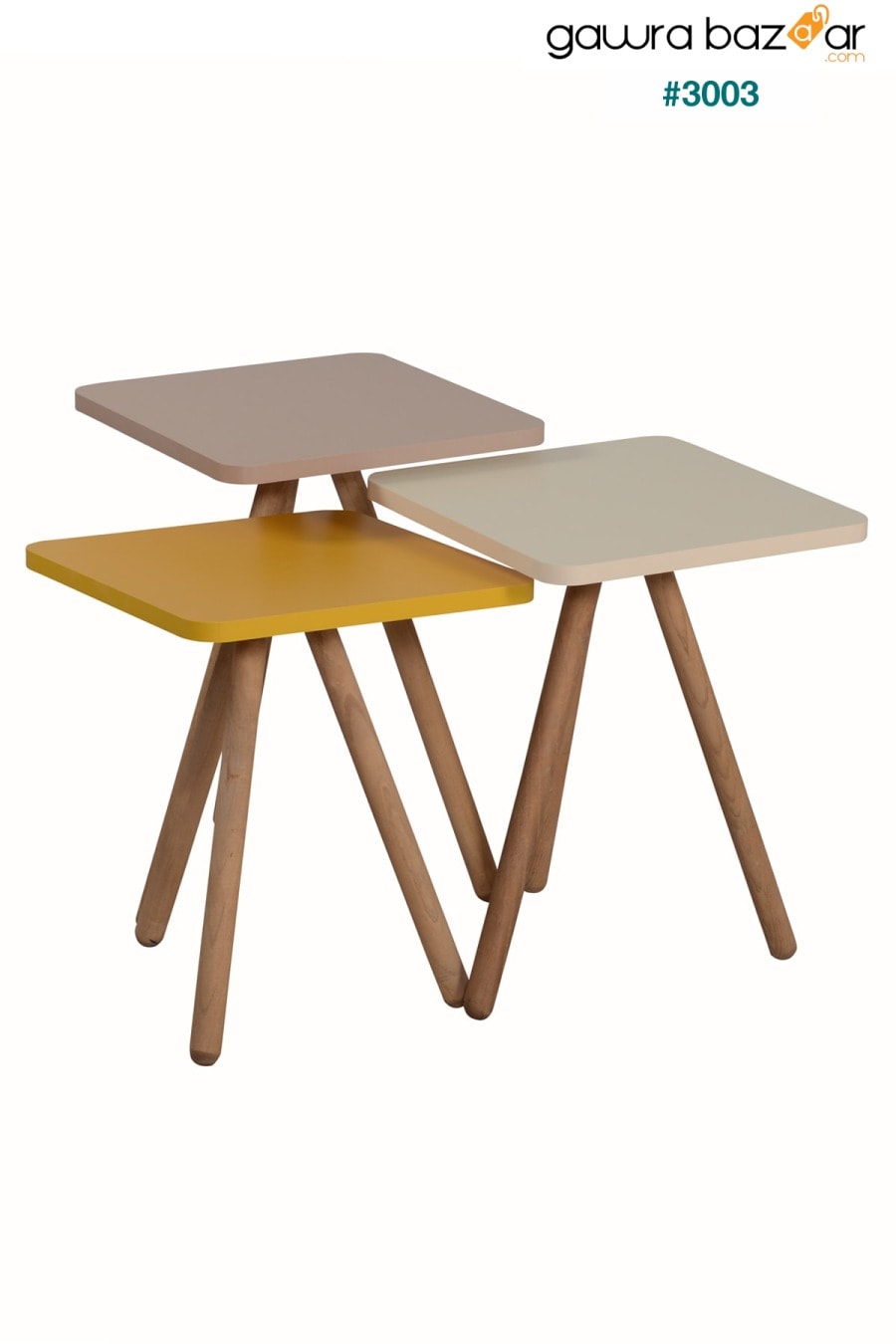 طاولة تعشيش ثلاثية ملونة بأرجل خشبية مربعة بتصميم باستيل أصفر كريم كابتشينو interGO 1
